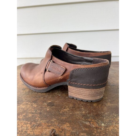 Merrell Womens Brown Leather Slip-On Clogs With Block Heel & Rubber Sole Size 8 - Picture 2 of 7